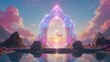 © Maria - Fantasy landscape with crystal transparent shining portal made of rainbow color energies, surrounded by mountains, water and pink clouds
