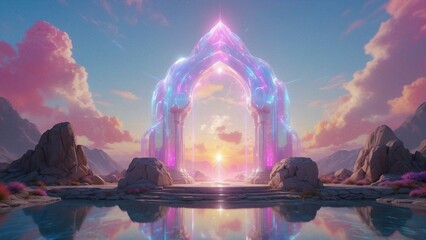 Fantasy landscape with crystal transparent shining portal made of rainbow color energies, surrounded by mountains, water and pink clouds