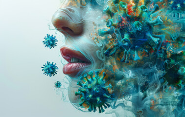 Wall Mural - A woman's face is covered in a cloud of smoke and a virus