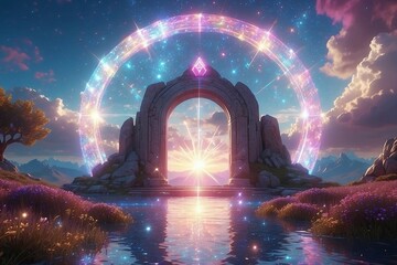 amazing fantasy landscape with colorful shining portal with sacred symbols, surrounded by mounatins 