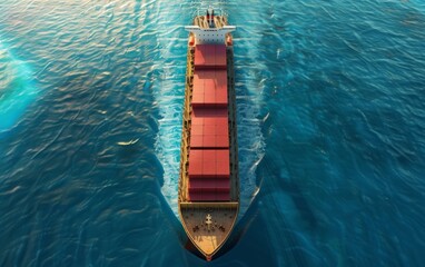 Top view of a vibrant cargo ship carrying good cargo on the ocean. Carrying goods efficiently, this ship is in good condition.