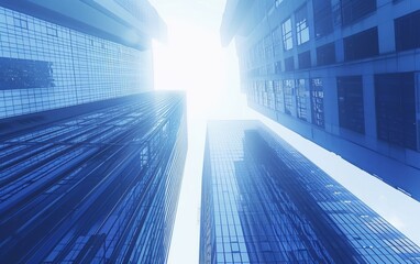 Wall Mural - New abstract skyscrapers with a blue tint stretch into a bright sky. Office tall building, new, abstract, stunning.