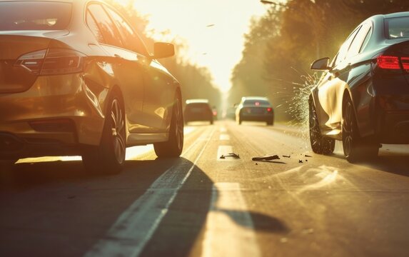 two cars in a sunlit road crash, highlighting the aftermath of a severe car crash.