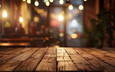 Wall Mural - Wooden table surface with a warmly lit blurred cafe background. Perfect empty wood table background for stock photos.