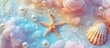 © Lasvu - Abstract summer nature composition with a starfish and pearl seashell border set against a background of rainbow sky clouds. Top-down view with room for text.