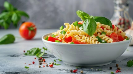 Wall Mural - Pasta salad with red bell pepper tomatoes scallions and basil in a white bowl against a light backdrop