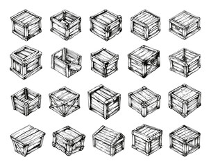 Wall Mural - engraving style wooden crates icons set. hand drawn in a simple style black icons on a white backgro