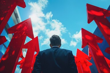 Businessman looking into the distance on red arrows. Blue sky background. Growth and success concept