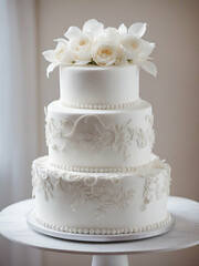 Wall Mural - A white wedding cake with white roses on top on a white table