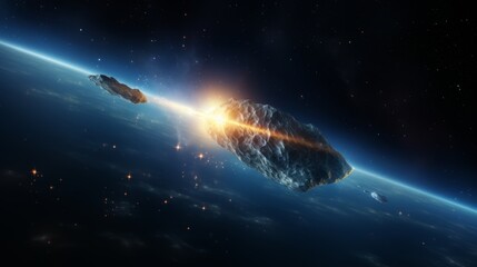 Wall Mural - Massive meteor streaking through interstellar expanse, blazing fiery trail behind