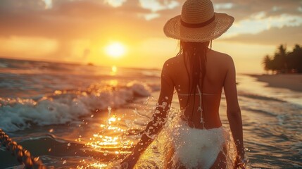 Wall Mural - A woman in a wide-brimmed hat is seen from behind, enjoying the ocean waves at sunset