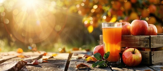 Apple box and glass of juice on wooden table against sunny orchard backdrop - an autumnal harvest theme.