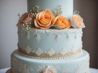 Wall Mural - A three tiered wedding cake with peach roses and babys breath on top