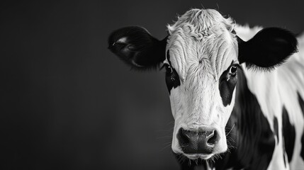 Wall Mural - close up image of a beautiful cow in black and white against a dark background