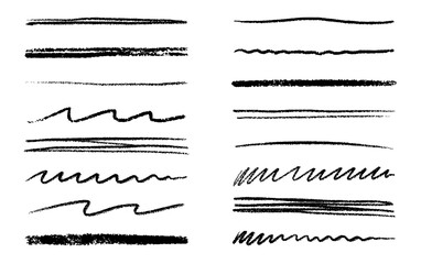 Chalk lines, charcoal highlight strokes doodle set. Pencil underlines, kids crayon strips, brush line in sketch style. Grunge texture. Hand drawn vector illustration isolated on white background