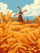© Ross - Stunning Golden Wheat Field with Traditional Windmills under Vibrant Blue Sky and Puffy Clouds - Idyllic Agricultural Landscape