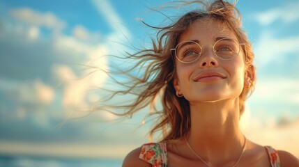 Joyful woman with golden round glasses smiling at sunset with wind in hair and sky background