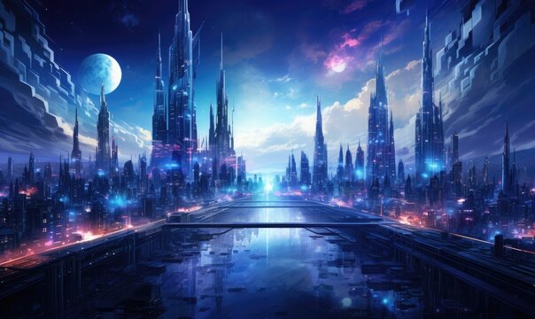 Futuristic Cityscape with Glowing Towers and a Reflective Pool