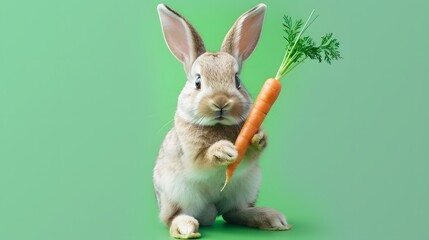 a picture of a charming bunny holding a carrot on a solid green background, 8k.