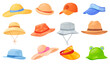 © ssstocker - Cartoon summer headgears. Headwear accessories man woman unisex hats types, beach straw hat baseball visor cap panama wear sun vacation holiday, neat caps set vector illustration