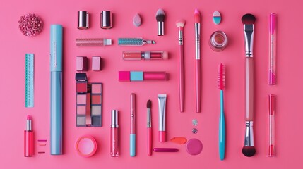 Wall Mural - Fashion makeup cosmetic accessories arranged on a pink background, captured from a top-down perspective in a flat lay style.