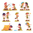 © ssstocker - Kids scouts. Child scout cartoon characters, kindergarten kid or school students nature explorations summer camp adventure, children tourist boyscout set classy vector illustration