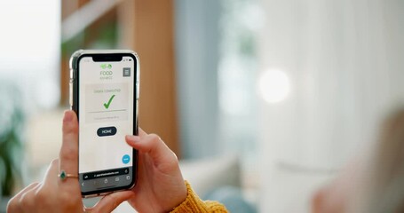 Aufkleber - Woman, hands and phone screen with menu for online shopping, browsing or food checkout at home. Closeup of female person or shopper with takeout checklist, website or ecommerce for meal or order