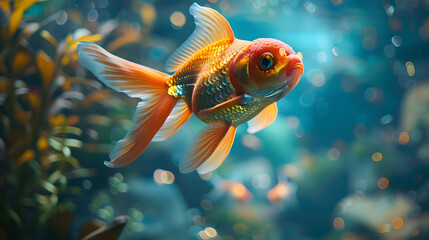 A goldfish swims with other fish in a tank filled with water