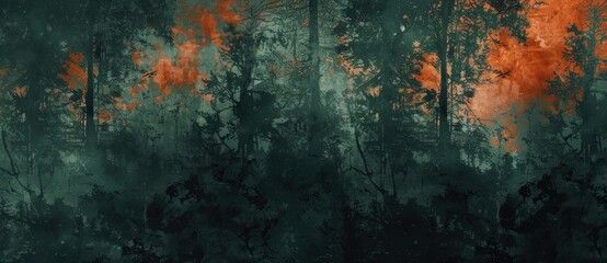 Wall Mural - Abstract illustration of a forest fire with a grunge texture overlay. The dark, moody atmosphere evokes a sense of danger and destruction