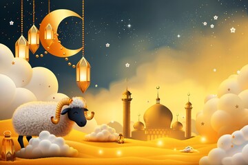 White sacrificial sheep and arab mosque on yellow background with crescent moon, golden lanterns and stars. Ramadan, Eid al Fitr. Eid Al Adha Mubarak celebration greeting card, banner, with copy space