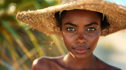 Wall Mural - Confident, happy young woman with glowing brown skin and captivating eyes relaxes outdoors in a stylish straw hat, exuding elegance and glamour