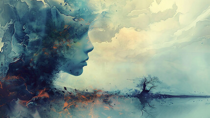 double exposure woman portrait with other elements dark grunge for concept depression, worries, grie