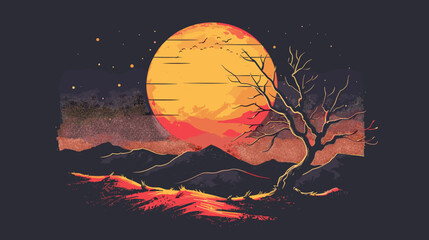 Wall Mural - Illustration of a full moon rising over a dead tree. Vector illustration.