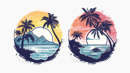 Wall Mural - Palm trees on the beach, sunset and sunrise vector illustration.