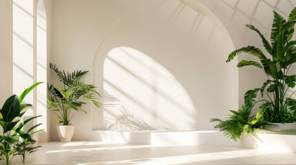 Wall Mural - minimalist interior design with lush green plants and soft natural light creating a peaceful ambiance