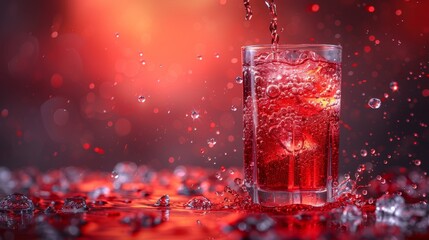 The photo displays a sophisticated composition of a red beverage being poured into a glass among ice crystals