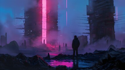 Wall Mural - man looking out into a futuristic abstract cityscape with dystopian post apocalyptic and fantasy ele