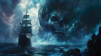 Wall Mural - pirate ship with skull demon in a fantasy landscape in the ocean