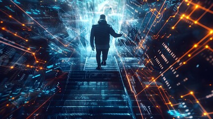 Wall Mural - man walking down a staircase in a cybernetic digital technology matrix background