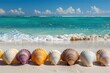© Karl - Colorful seashells lined up on sandy beach with ocean waves