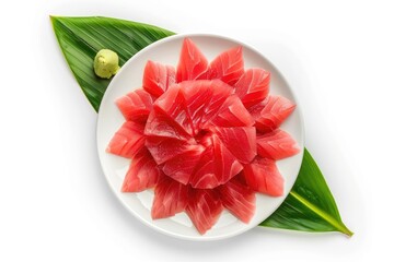 Wall Mural - Sashimi slices of red tuna on white plate on white background