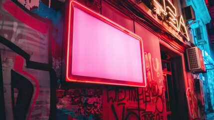 Wall Mural - A neon sign is lit up against a wall of graffiti