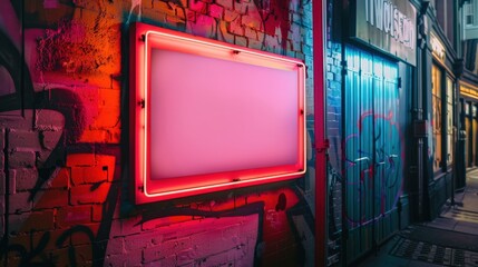 Wall Mural - A neon sign is lit up against a wall of graffiti