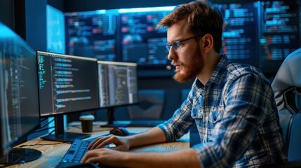 Wall Mural - A man software engineer is sitting at a desk computer working