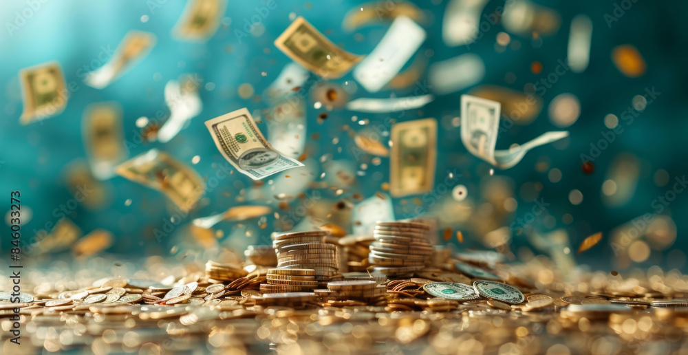 Dollar bills fall from the sky and land on a large stack of golden ...