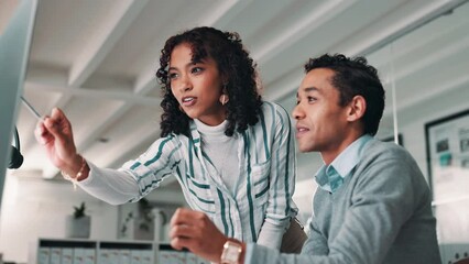 Wall Mural - Business woman, coaching and pointing with intern for customer service, support or help at office. Female person training man, agent or junior consultant on computer for online advice at call center