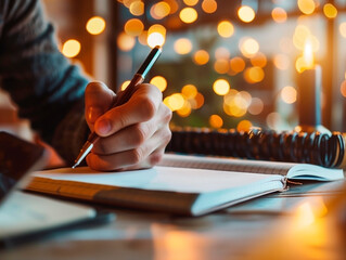 Close-up of a left-handed hand writing in a notebook.