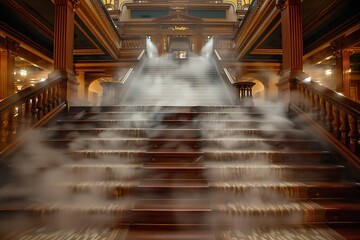 Wall Mural - A grand staircase with fog creating a cascading effect down the steps