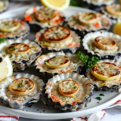 Wall Mural - Delicious Baked Oysters with Lemon and Herb Garnish on a Serving Plate - Perfect for a Gourmet Seafood Appetizer or Main Dish
