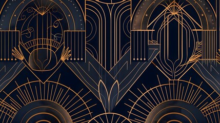 Wall Mural - Art deco pattern cover design vector. Set invitation card of abstract geometric line art shape design on dark blue background. Use for wedding invitation, cover, VIP card, print, gala, wallpaper. 